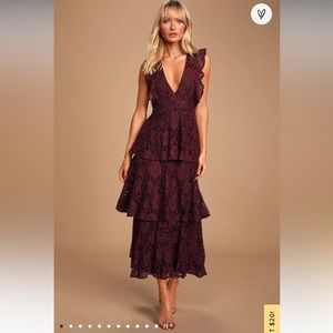 Lulu’s Molinetto Burgundy Lace Ruffled Tiered Sleeveless Maxi Dress